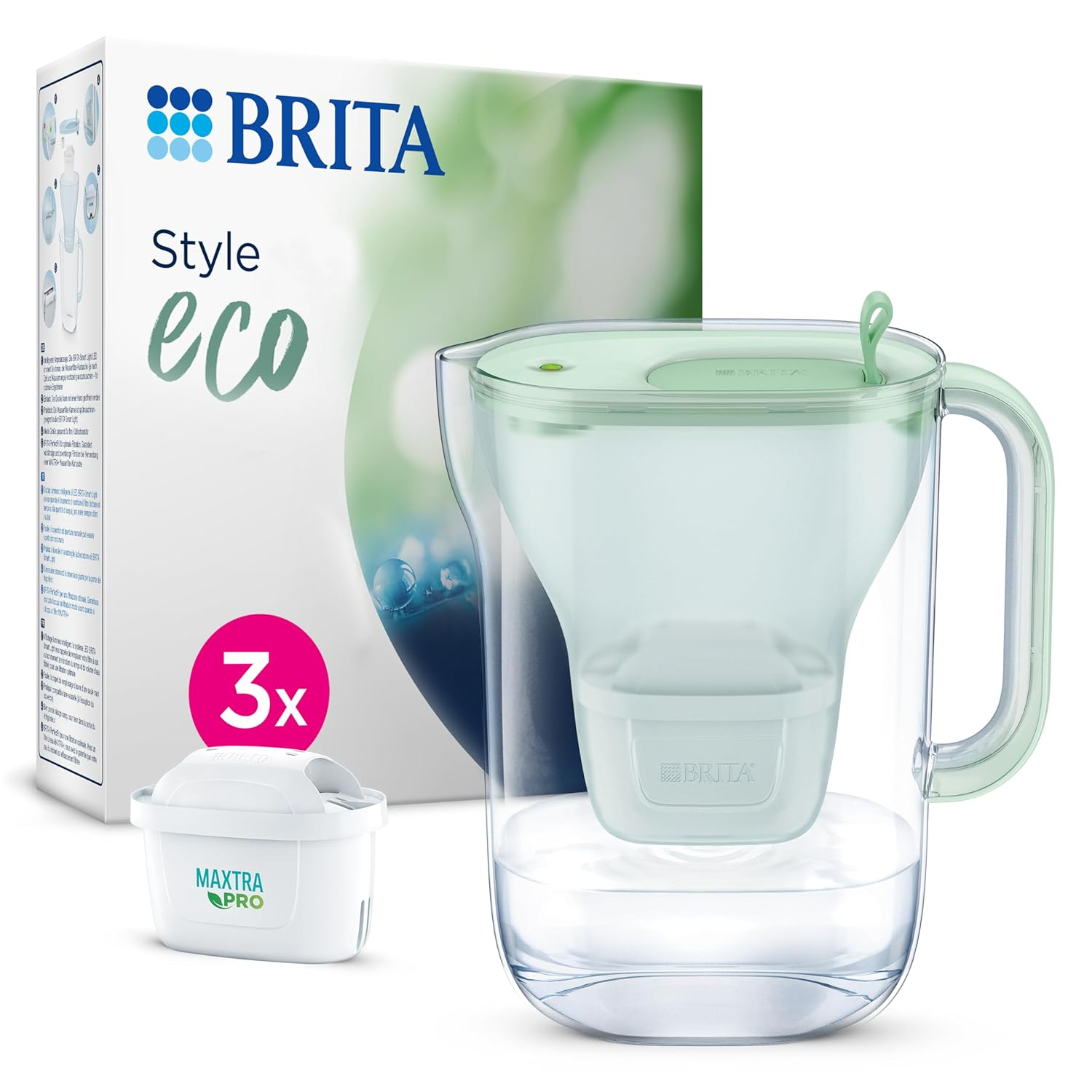 BRITA Water Filter Jug Style Eco Green (2.4L) Incl. 3X MAXTRA PRO Pure Performance Cartridge - Sustainable, Fridge-Fitting Pitcher with Smart LED-LTI, Reduces Chlorine, Limescale & Impurities image number 6