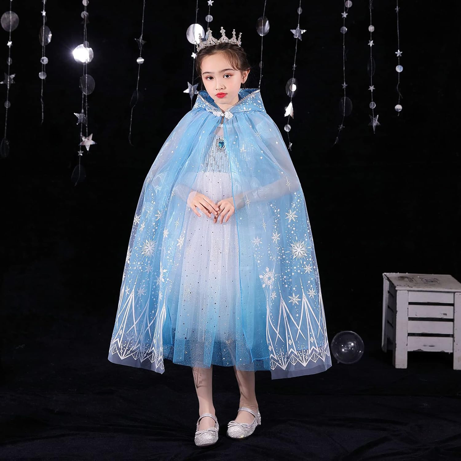 PHOGARY Princess Cape Blue Princess Cloak Snowflake Hooded Cape, Princess Fancy Dress Halloween Costume 2 Layered Tulle Carnival Birthday Party Cosplay Princess Dress up for Girls image number 1