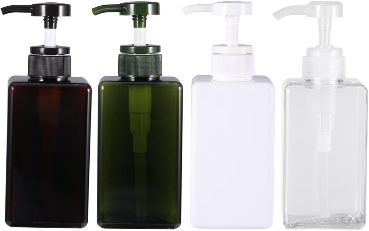 4Pcs 450Ml Pump Bottles Set for Shower Gel and Shampoo Storage, Refillable Empty Containers in Brown, White, Dark Green, for Travel and Home Use