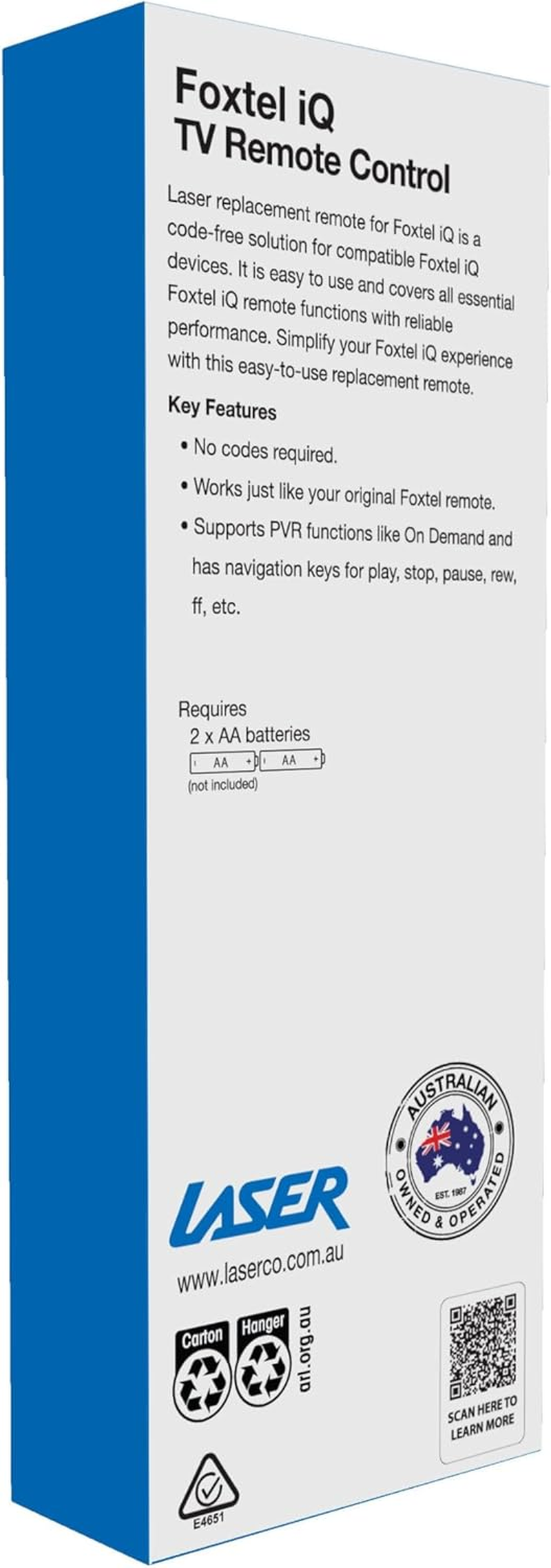 Laser Remote Control for Foxtel Iq &ndash; Compatible with Iq2, Iq3, Iq4 & Iq5 &ndash; No Programming Needed &ndash; Full Function Replacement Remote for Foxtel Set-Top Boxes &ndash; Uses 2 AA Batteries &ndash; Black image number 2