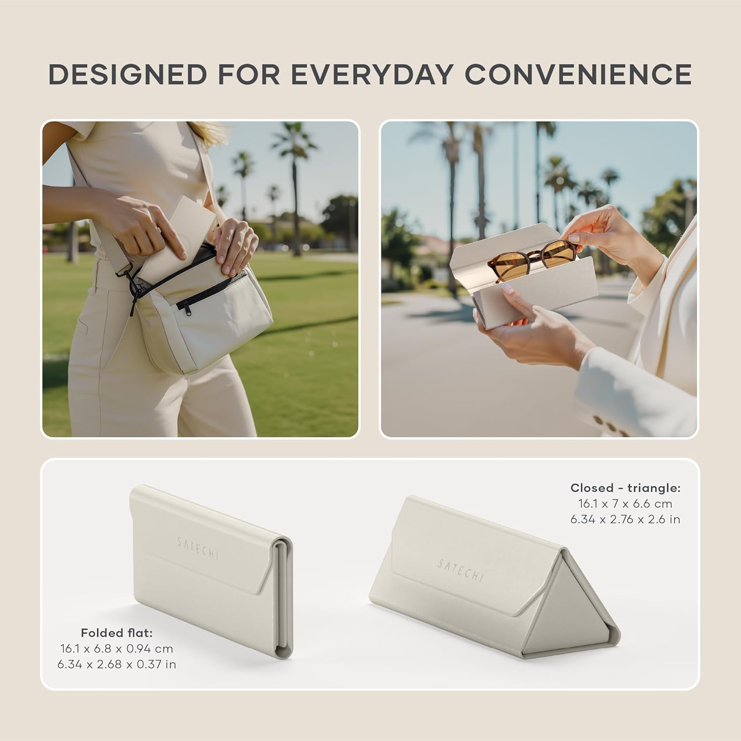 Satechi Findall Smart Glasses Case with Find My, Foldable & Portable, Wireless Rechargeable, Left-Behind Alerts, Loud Audible Chime, Compatible with Most Glasses & XR/AR Glasses &ndash; Sand - Sand image number 3