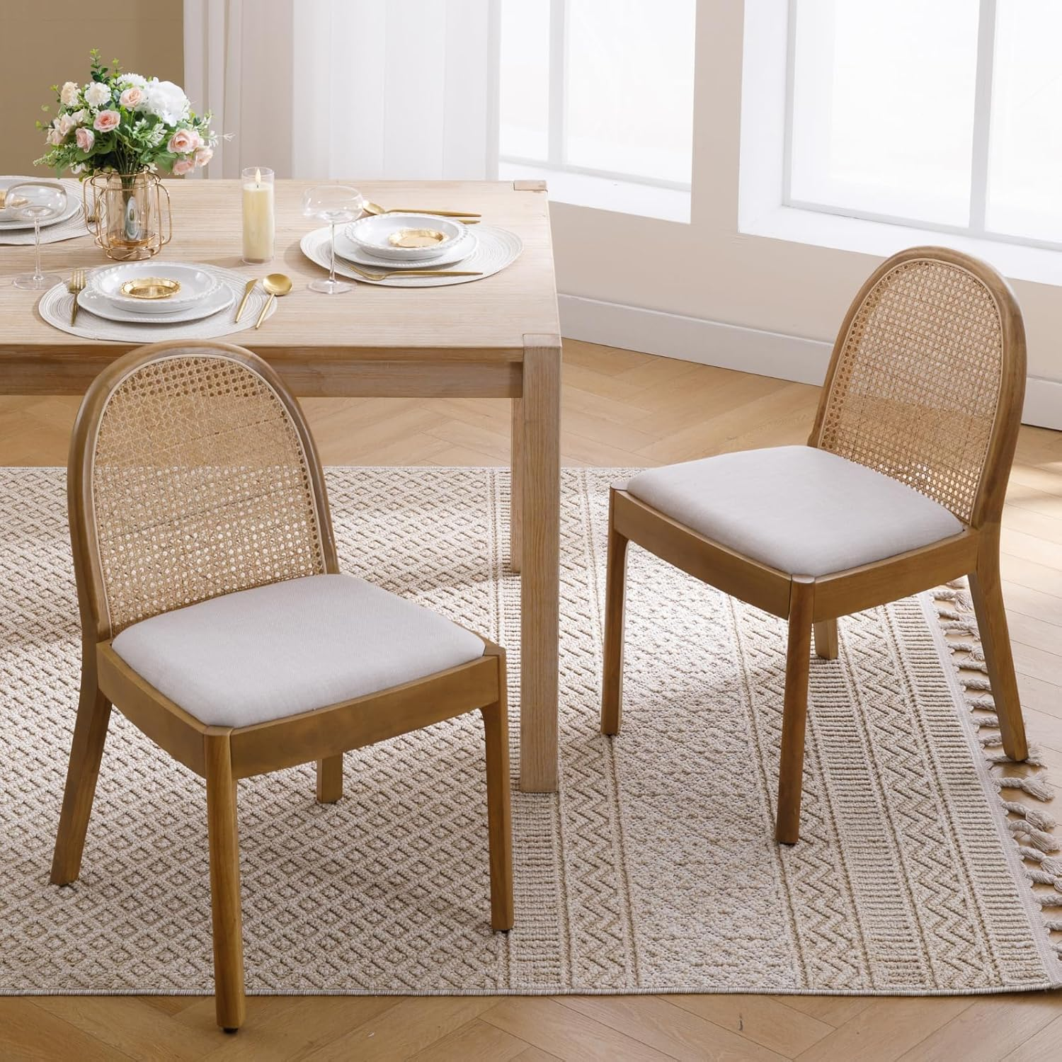 Ya-Home Mid Century Dining Chairs Set of 2, Linen Upholstered Kitchen Chairs W/Rattan Back, Farmhouse Side Chair Solid Wood Accent Chair for Home/Living Room/Dining Room/Restaurant, Beige image number 3