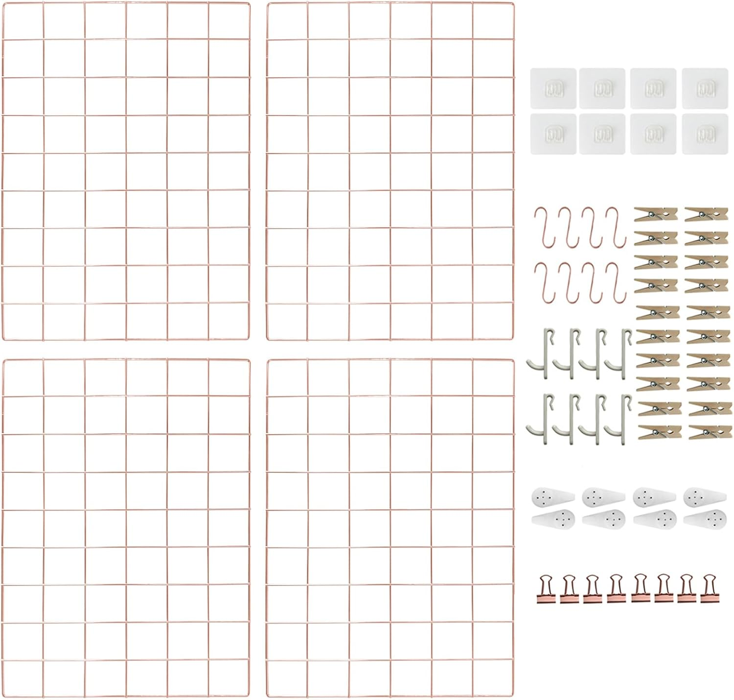 Metal Grid Wall Panel, Photo Display Organizer, 17.3"&times;11.8" Rose Gold Wire Board, Picture Frame, 4-Pack Mesh Memo Board with Clips and Hooks image number 4