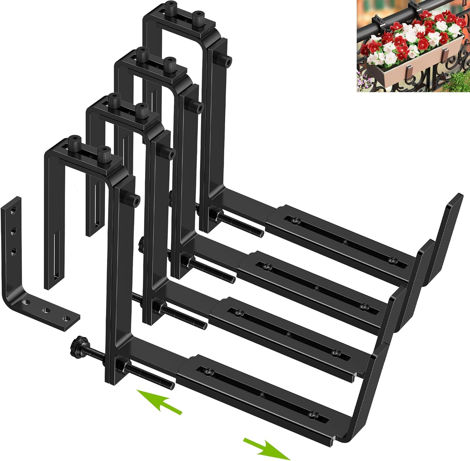 Y&M Adjustable Planter Box Brackets, Brackets for Window Boxes Planters, 4 Packs Universal Outdoor Hanging Brackets, Black Steel Mounting Durable, Suitable for Fence Pergola Patio Garden Balcony image number 1