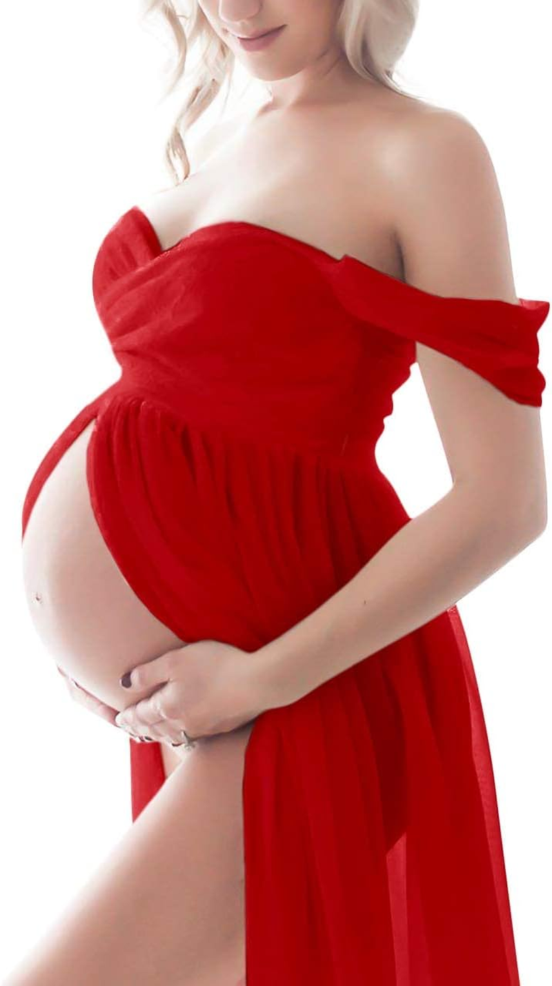 MYKAGS Maternity Dress for Photography off Shoulder Chiffon Gown Split Front Maxi Pregnancy Dresses (Red) image number 1