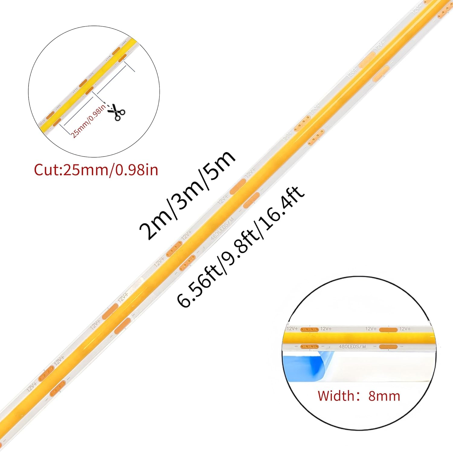 Clearhill 12V COB 480LED Strip Lights,16.4Ft/5M（No Power Supply）,Warm White 3000K,480Leds/M,With 5521DC Male and Female Connectors,8Mm Width,Cri90,Electroplated Double-Sided Panel,Ip20,For Indoor