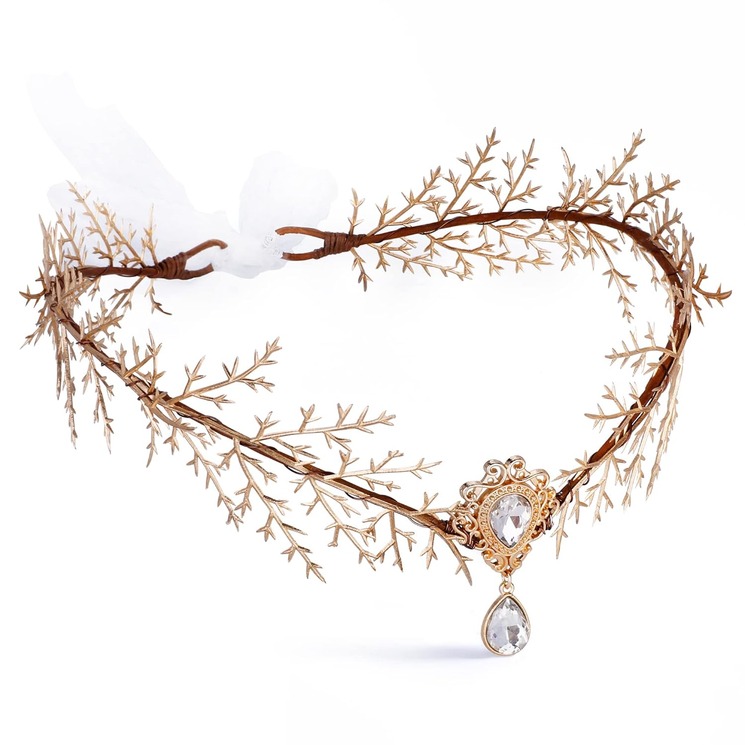 MOSTORY Handmade Fairy Woodland Crown - Forest Elf Headband Flower Circlet Elven Leaf Wreath for Renaissance Halloween Cosplay Women Girls Photoshoot Green Gold image number 3