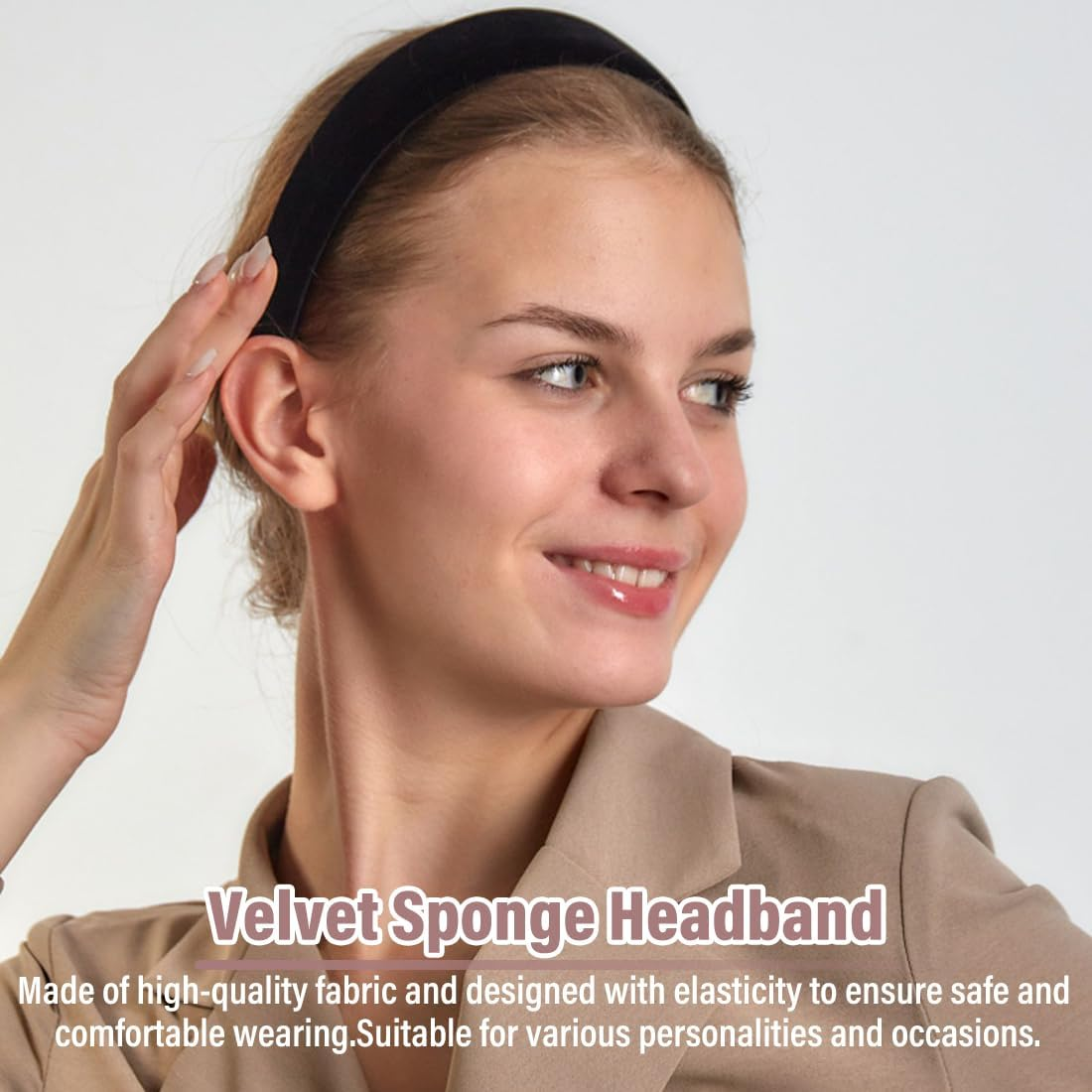 2 Pieces Women Velvet Fabric Padded Headbands Retro Vintage Solid Plain Headbands for Women and Girls (Black/Burgundy) image number 2