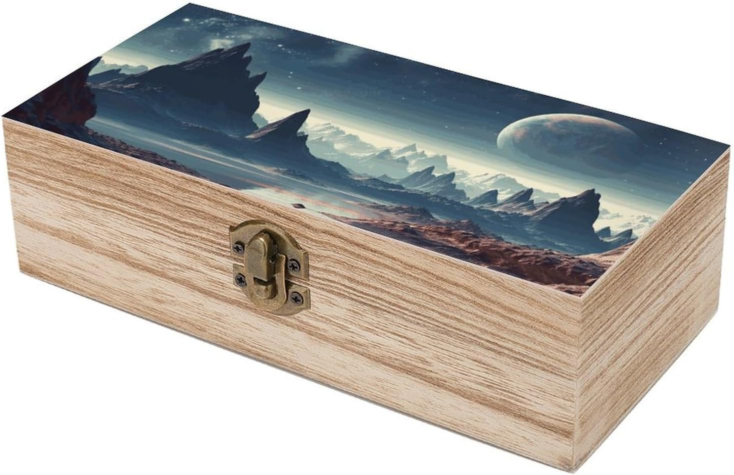 Alien Planet Wooden Box Wood Wedding Keepsake Boxes with Lids Small Decorative Boxes Lightweight Wooden Memory Storage Box for Crafts Keepsakes Jewelry Photo Letter Storage image number 5