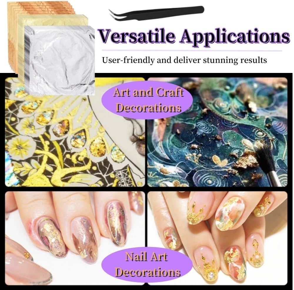 Gold Leaf Sheets for Art, 100 Sheets, Gold/Silver/Rose Gold, with Tweezer for Crafts, Resin, Nails (Rose Gold) - Sliver image number 7