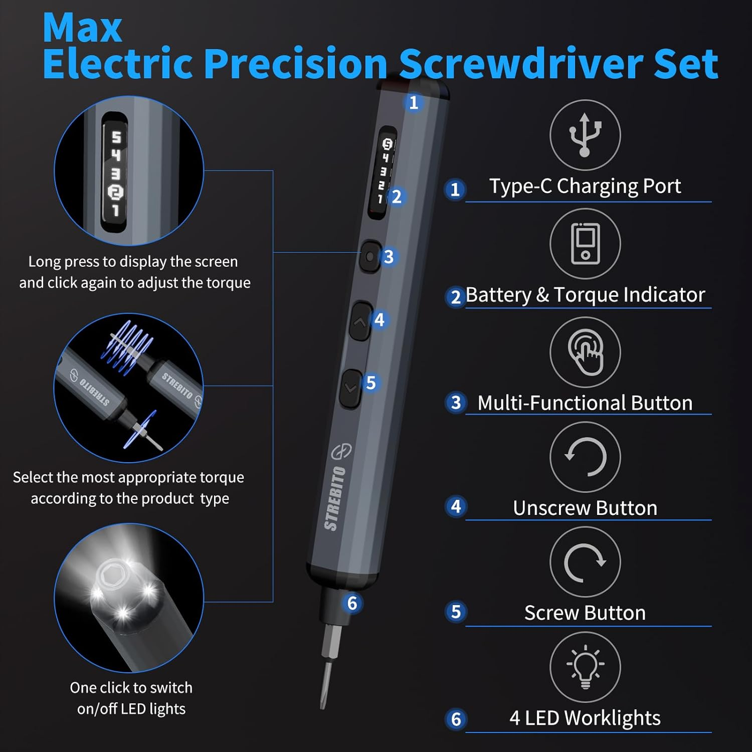 STREBITO Mini Electric Screwdriver Set, 70-In-1 Max Precision Electric Screwdriver Kit with Lights, 5 Upgraded Torque Levels, 64 Magnetic Bits, Electric Screwdriver Cordless for PC RC Electronics image number 3