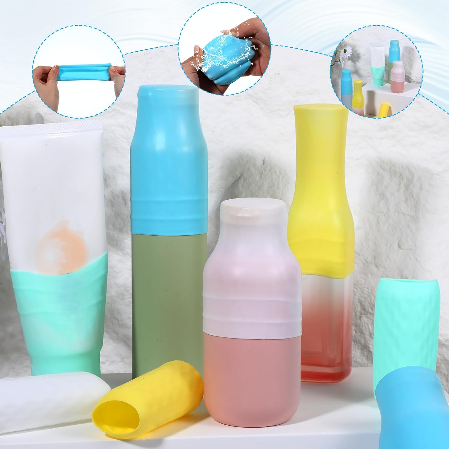Gtziqa 10 Pcs Silicone Bottle Covers for Travel, Leak-Proof Elastic Sleeves for Toiletries, Cruise Beach Vacation Essentials, Women Men Airplane Trips Travel Size Toiletries Accessories (5 Colors)