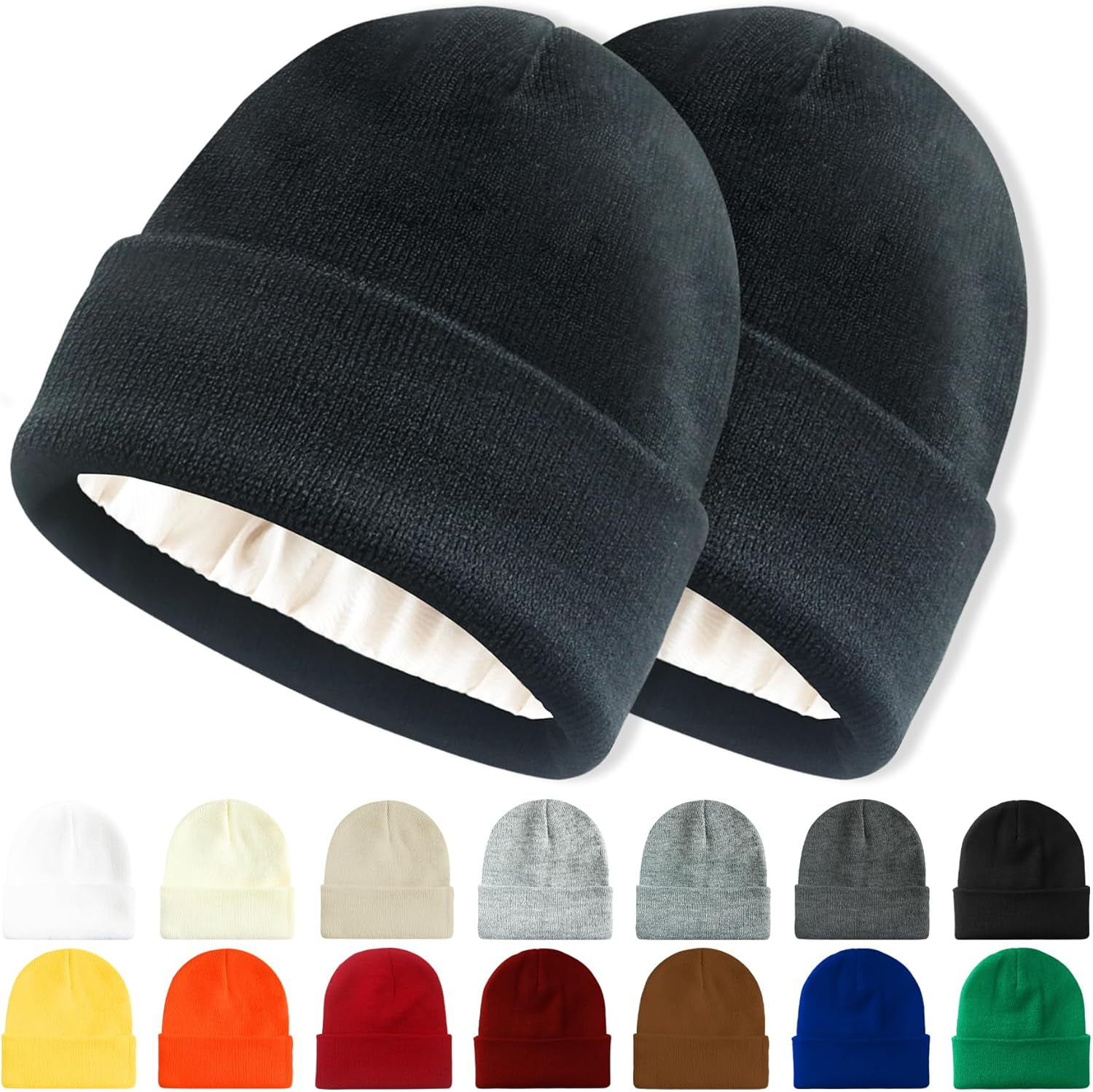 ANTI-REBOUNDUMBRE Satin Lined Beanie for Women Men Winter Hat Silk Lining Warm Cuffed Beanie Knit Hats