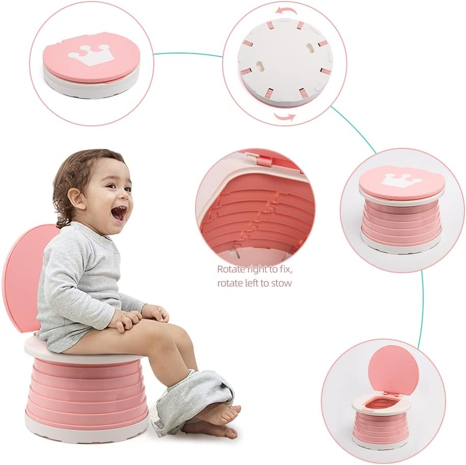 Portable Potty Seat for Kids Toddler,Foldable Travel Potty Training Seat with 2 Rolls Cleaning Bags, Travel Toilet Seat for Car, Camping, Outdoor, Indoor (Pink) - Pink image number 6