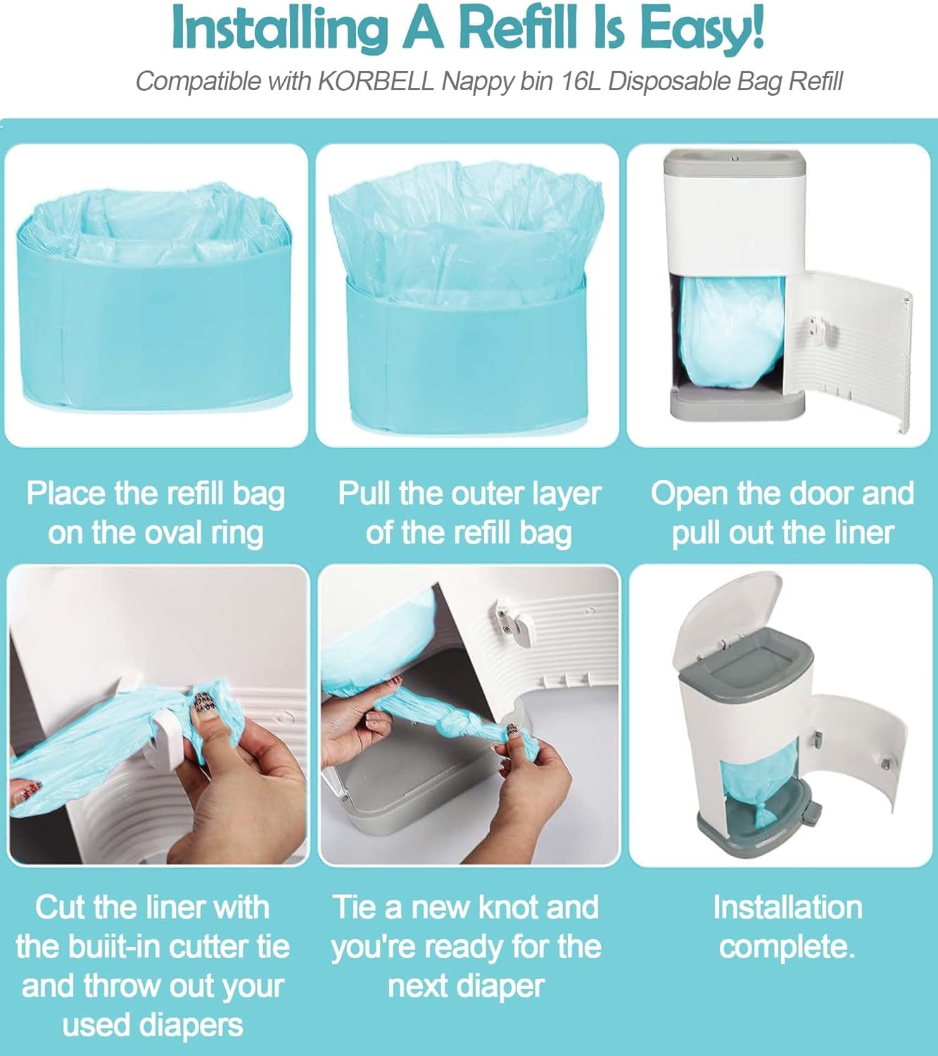 8-Pack Diaper Pail Liner Refills Bags(10M per Roll) Compatible with KORBELL Nappy Bin 16L Disposable Bag Refill,Odour Lock, Germ Protection, Durable & Leakproof image number 5