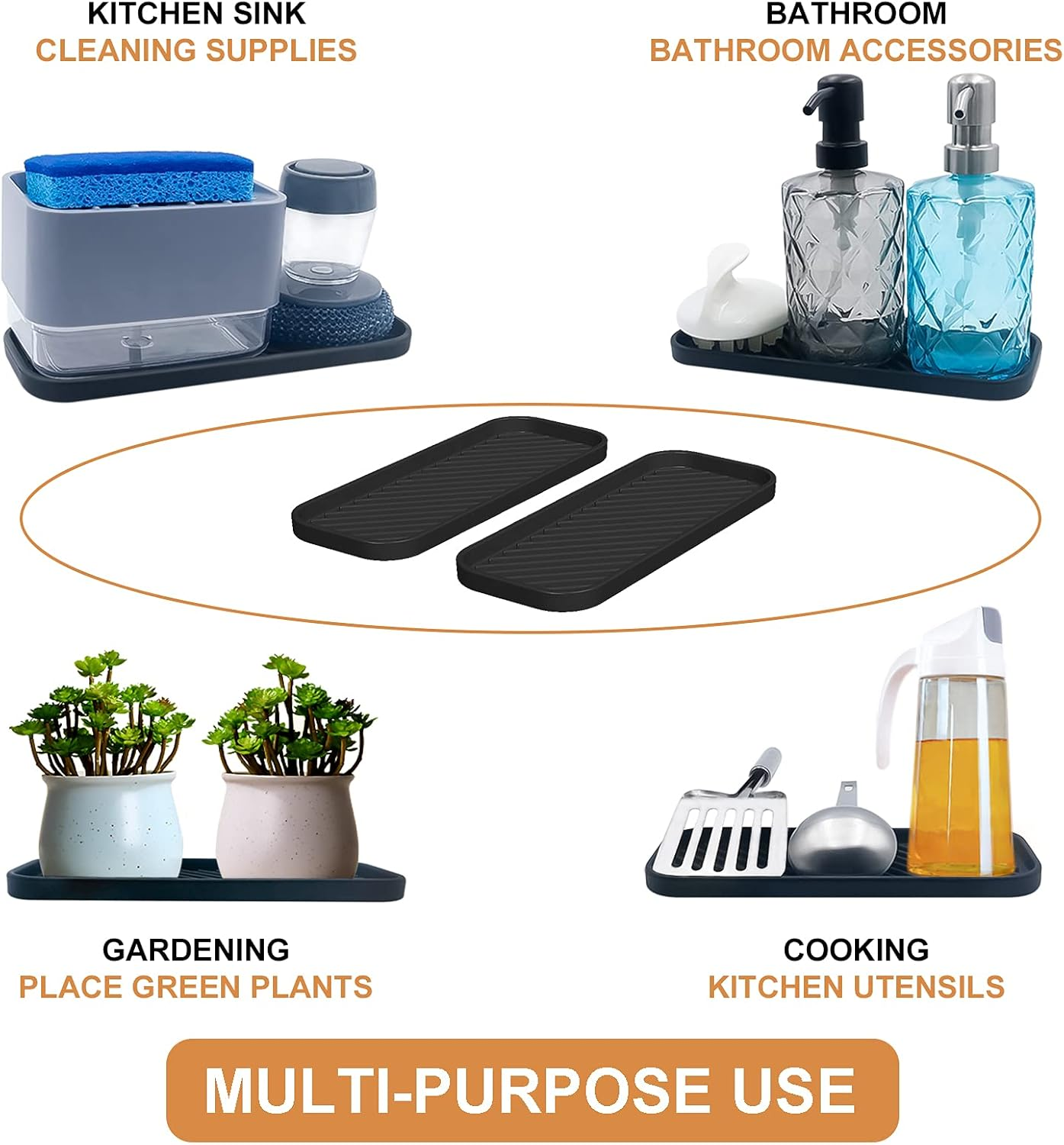 Hvovmve Silicone Organizer Tray, Soap and Sponge Holder for Kitchen Sink, Bathroom - Storage Tray for Dish Brush, Soap Dispenser, Dishwashing Accessories- 2 Pack Black - Black image number 3