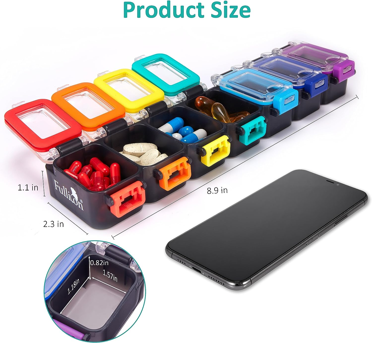 Fullicon Weekly Pill Organizer 7 Day Ultra Moisture and Spill Proof Daily Pill Box, Large Medicine Case with Secure Buckle, Compact Travel Pill Container for Pill, Vitamin, & Fish Oil (Rainbow Black) - Rainbow Clear image number 2