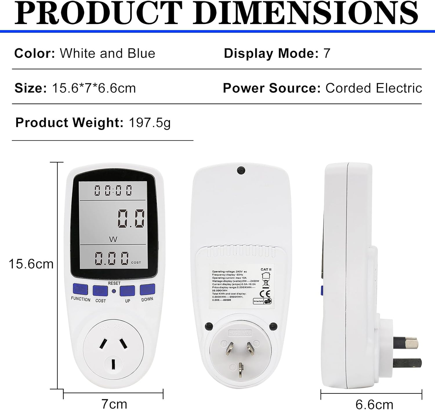 240V Electricity Usage Monitor Plug Power Watt Voltage Amps Meter with Backlight Digital LCD Display, Overload Protection and 7 Display Modes for Energy Saving, AU Plug image number 1