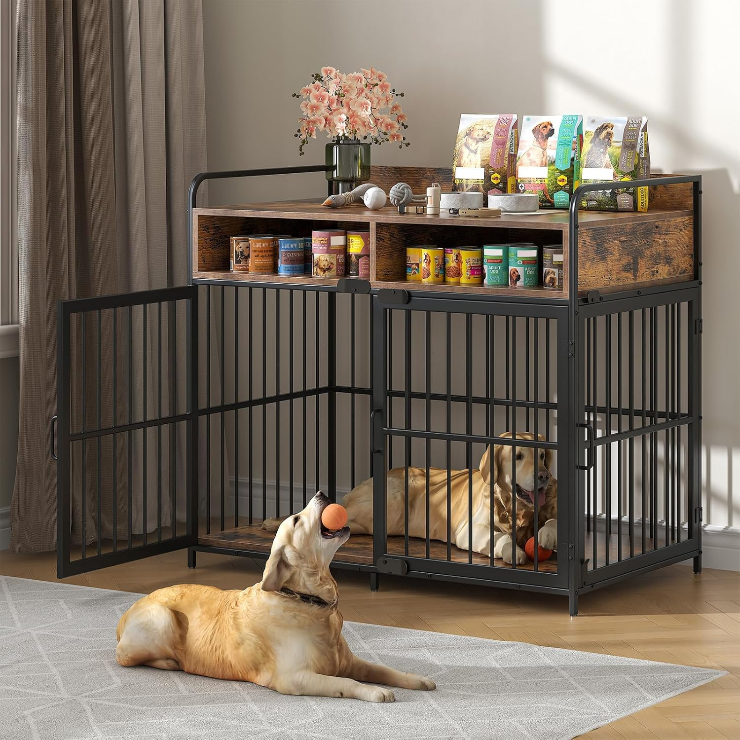 Koreal Dog Crate, 104Cm Width Dog Crate Furniture for Large Dogs, Heavy Duty Dog Kennel with 2 Drawers Storage, Wooden Dog Cage Indoor Dog House End Table for Dogs image number 3