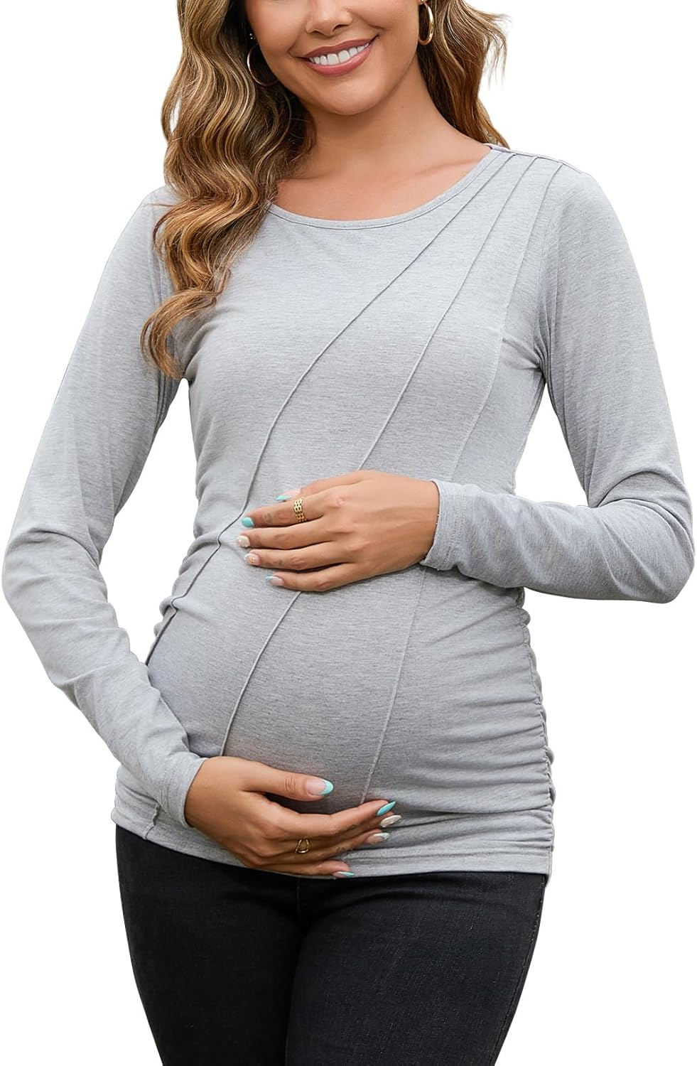 DEBELLY Maternity Long Sleeve Shirt Pleated Crew Neck Pregnancy Top for Women Side Ruched Work Lounge