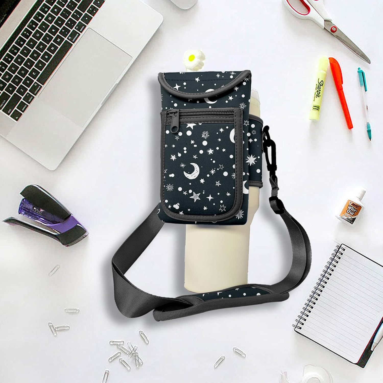 Water Bottle Carrier Bag with Pocket Fits for Stanley 40 Oz Tumbler, Neoprene Water Bottle Holder Pouch with Adjustable Strap for Stanley Cup Accessories (Pink Flower) - Blue Moon image number 6