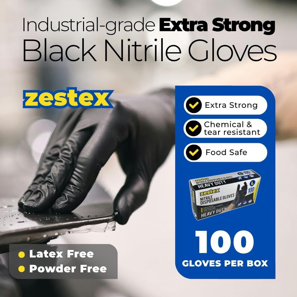 Nitrile Heavy Duty, Latex-Free & Powder-Free, Non-Sterile Food Safe Extra Strong Disposable Glove, Black, Medium, Case/100
