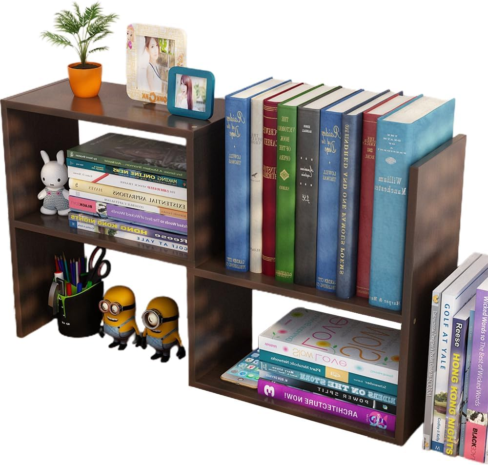 TOMVAES Desktop Bookcase, Office Storage Rack, Adjustable Book Shelf, Desk Organizer Set for Home Office, Living Room, Bedroom (Wood) (Walnut)