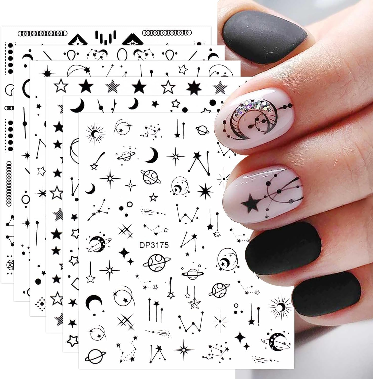 12 Sheets Black Metallic Geometric Line Nail Art Stickers Decals Self Adhesive Pegatinas Para U&ntilde;as Star Moon Love Heart Smiley Patterns DIY Design Nail Decoration for Women Girls