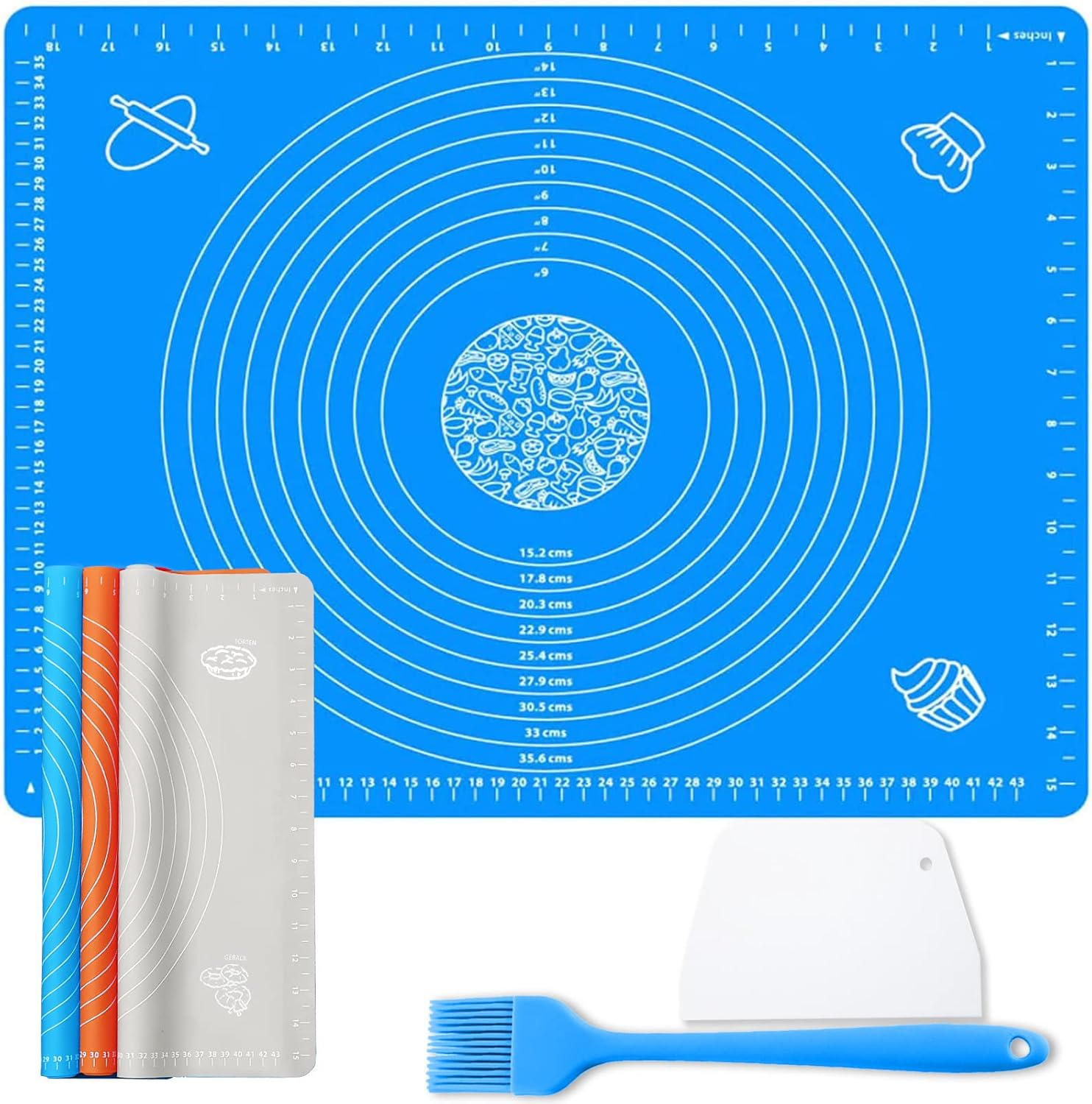27.5Inx19.7In Non-Stick Silicone Baking Mat，Large Baking Pastry Mat，With Dough Scraper and Pastry Brushes (Blue) image number 5