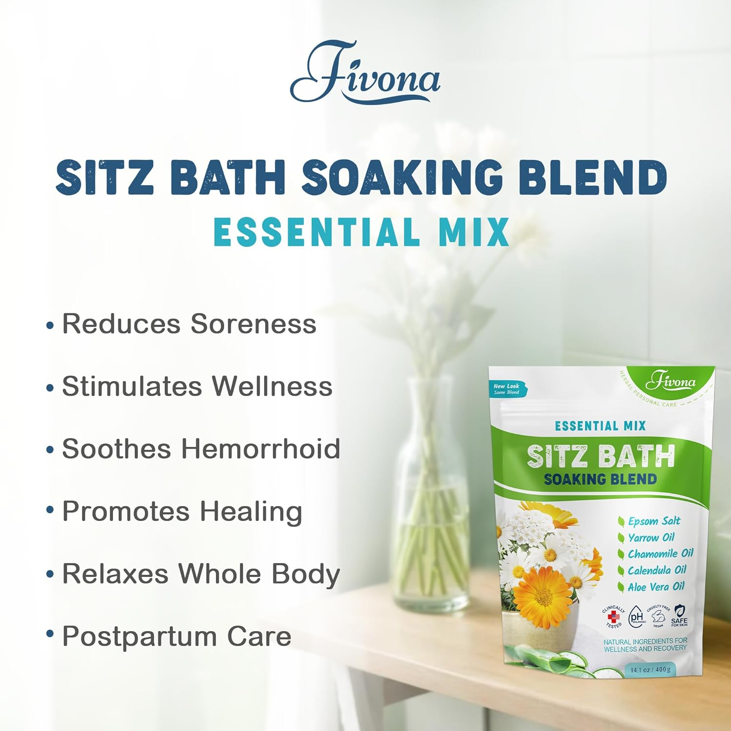 Fivona All Natural Sitz Bath Soaking Blend - Epsom Salt with Pure Essentials Oils - for Hemorrhoid, Fissure, Postpartum Care, Bartholin Cyst Treatment - Essential Mix for Self Care - 14.1 Ounces image number 4