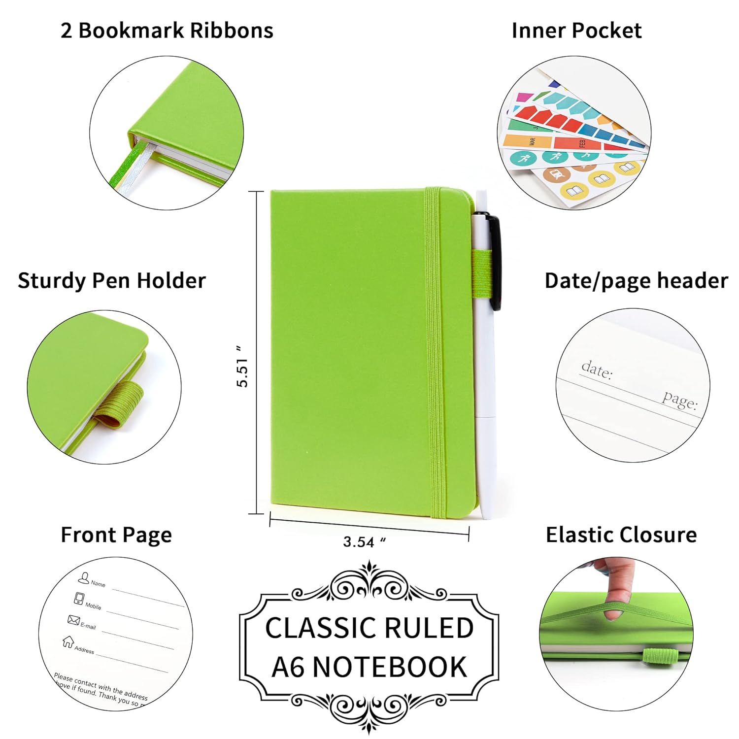 Feela 3 Pack Pocket Small Notebook Journals, Mini Cute Memo Notepad Hardcover College Ruled Lined Journals with Pen Holder for Women Girls Office School, with 3 Black Pens, 3.5&rdquo;X 5.5&rdquo;, A6, Green image number 5