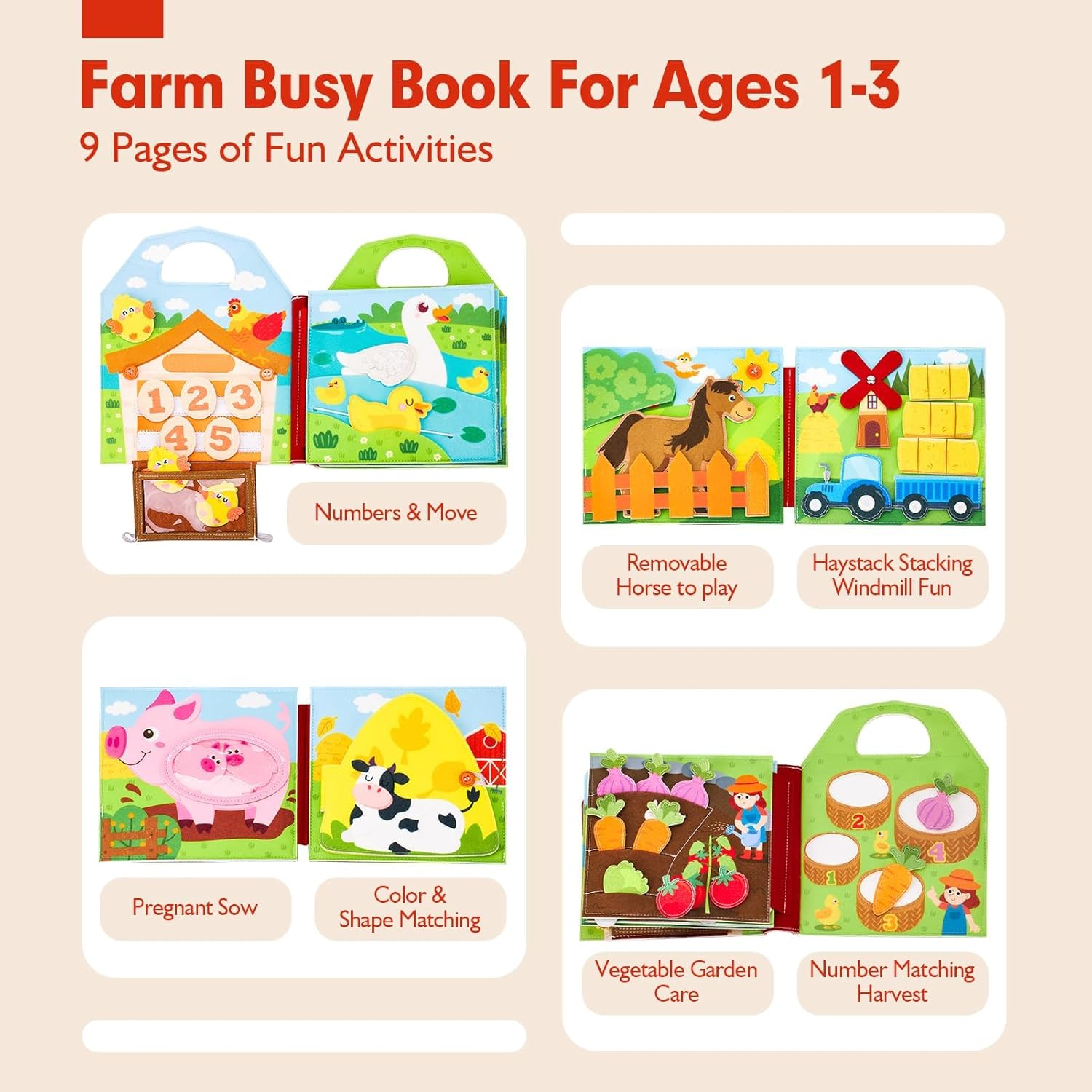 Farm Animals Quiet Busy Board Montessori Toys for Toddlers 1-3, Educational Felt Activity Book Develops Fine Motor Skills, Travel Learning Toy for Airplane Car, Boys & Girls