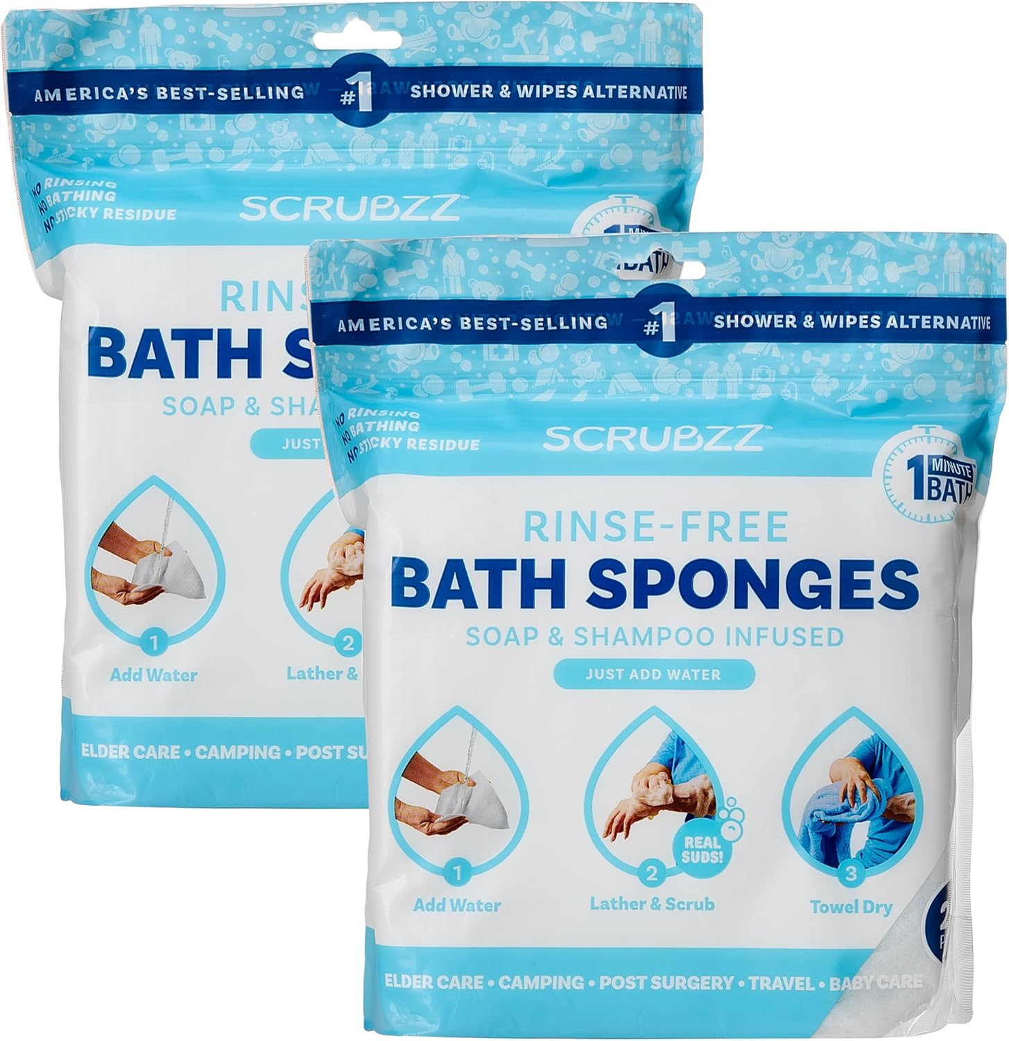 (2 Pack) - Scrubzz Disposable No Rinse Bathing Wipes - All-In-1 Single Use Shower Wipes, Simply Dampen, Lather, and Dry without Shampoo or Rinsing, 25 Count (2 Pack)