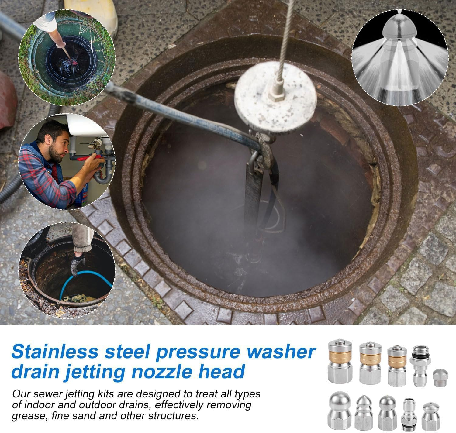 NQEUEPN 10Pcs Sewer Jetter Nozzle Kit, Stainless Steel, 1/4" & 3/8" NPT Quick Connectors, 5000 PSI, Silver, Sewer Cleaning Tools, Nozzle image number 4