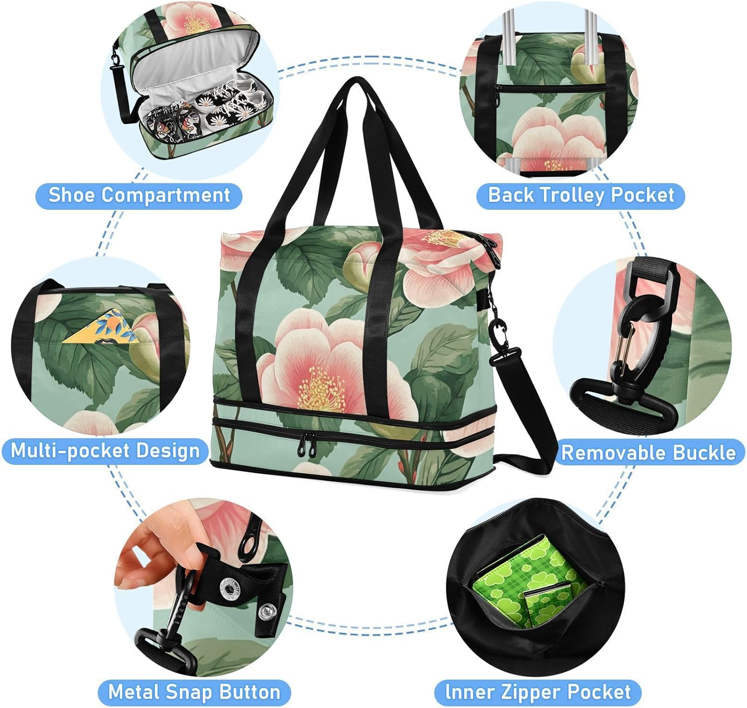 Beauty Spring Flowers Rose Gym Duffel Bag Travel Weekender Gear Bag with Toiletry Bag for Sports Multifunctional, Beauty Spring Floral Rose, 1 Size, Beauty Spring Flowers Rose, 1 Size