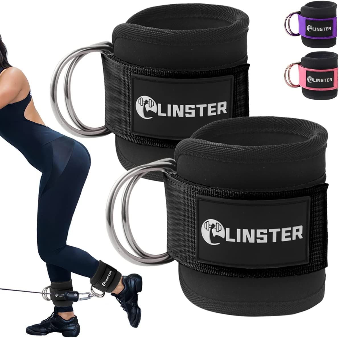 LINSTER Ankle Straps for Cable Machines (Pair) Adjustable Fit Comfort Neoprene and Double D-Rings, Ankle Strap Gym Cable Attachment for Glute Workouts, Leg Extensions and Lower Body Exercises (Black)