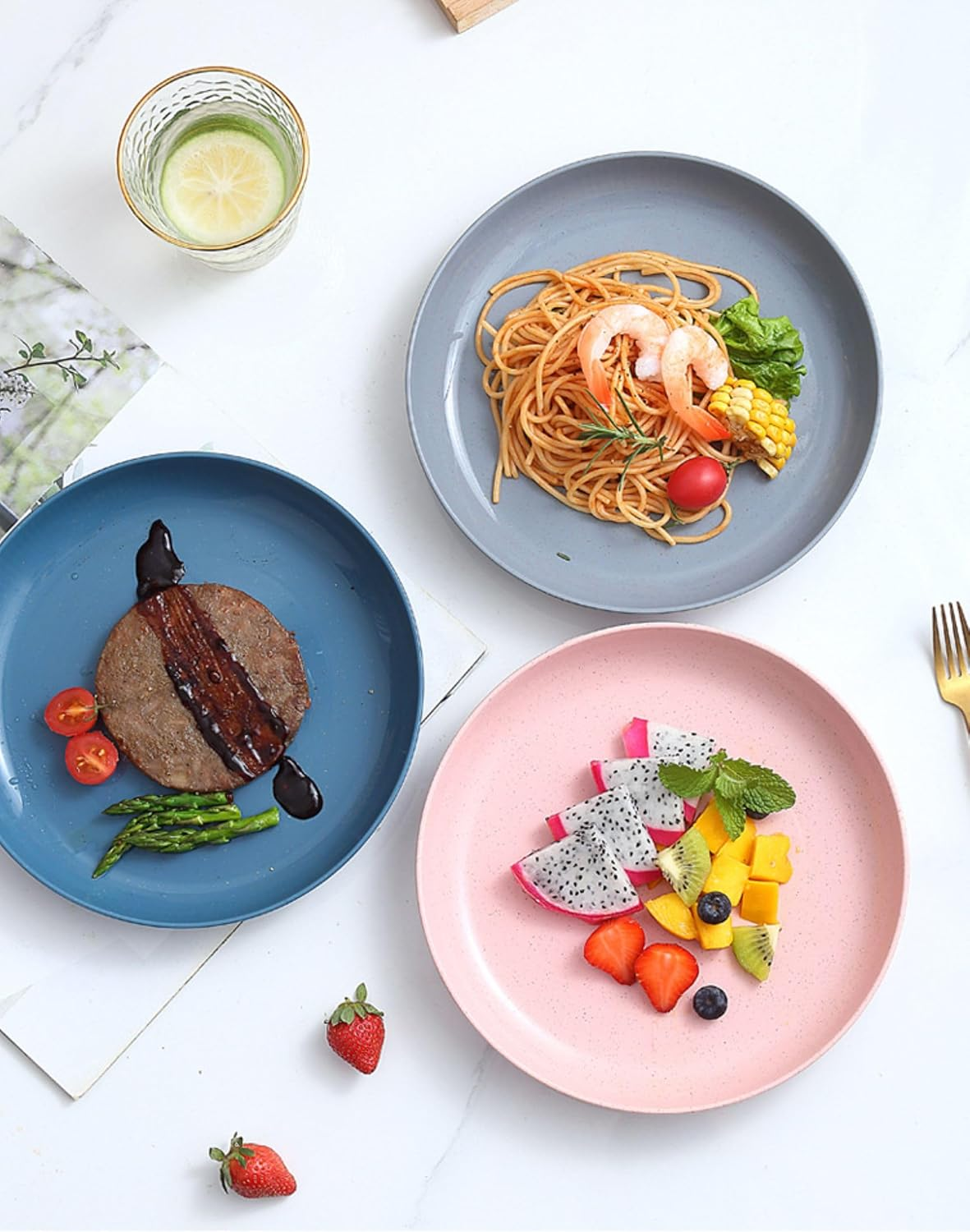 6 Pack Wheat Straw Plates Reusable Dinner Plates, Durable & Lightweight, Perfect for Home, Parties, Camping, and Dishwasher Safe (Orange, Dark Green, Pink, Blue, Green, Beige) image number 1