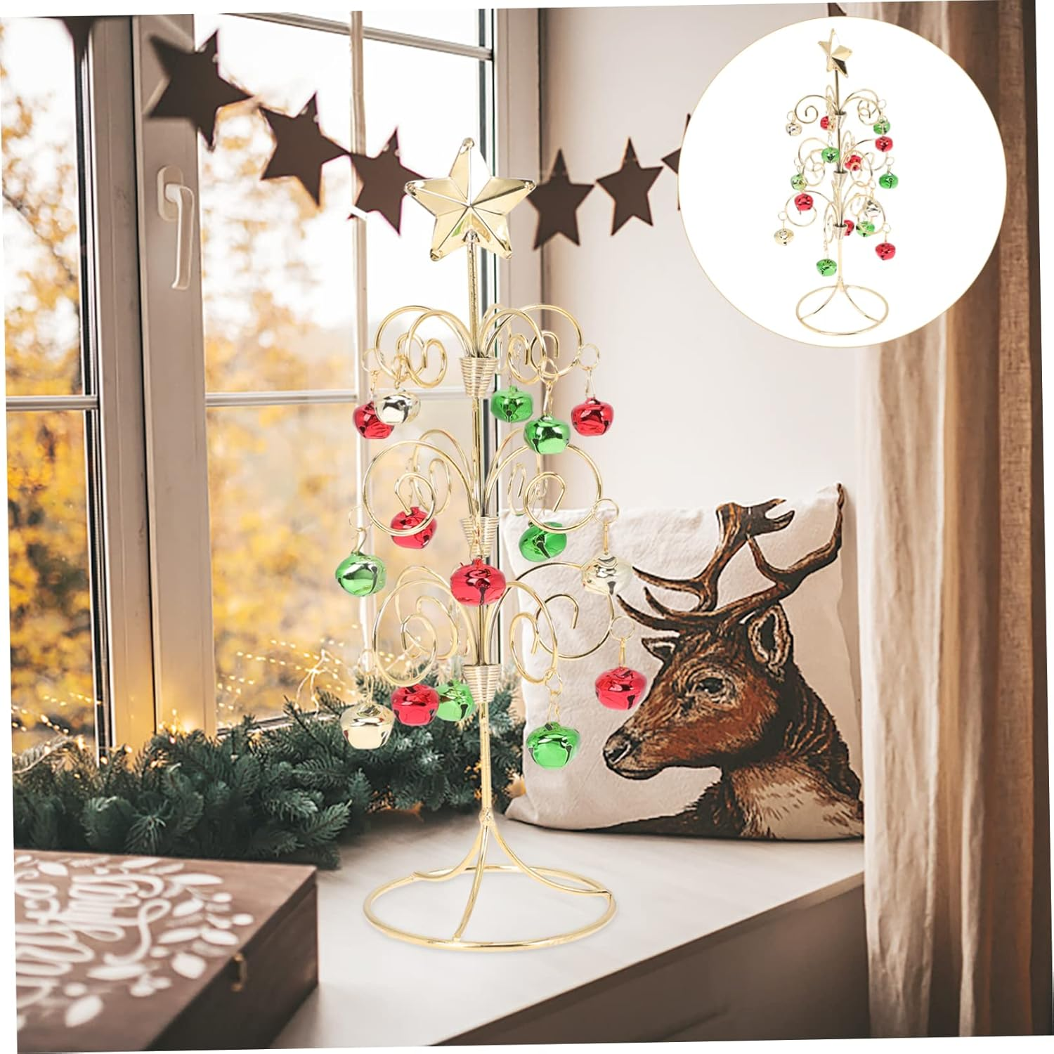 Mini Christmas Tree Ornament Iron Tabletop Xmas Tree Decor Bells and Ornaments Chic Holiday Adornment for Home Office Cafe and Restaurant image number 4