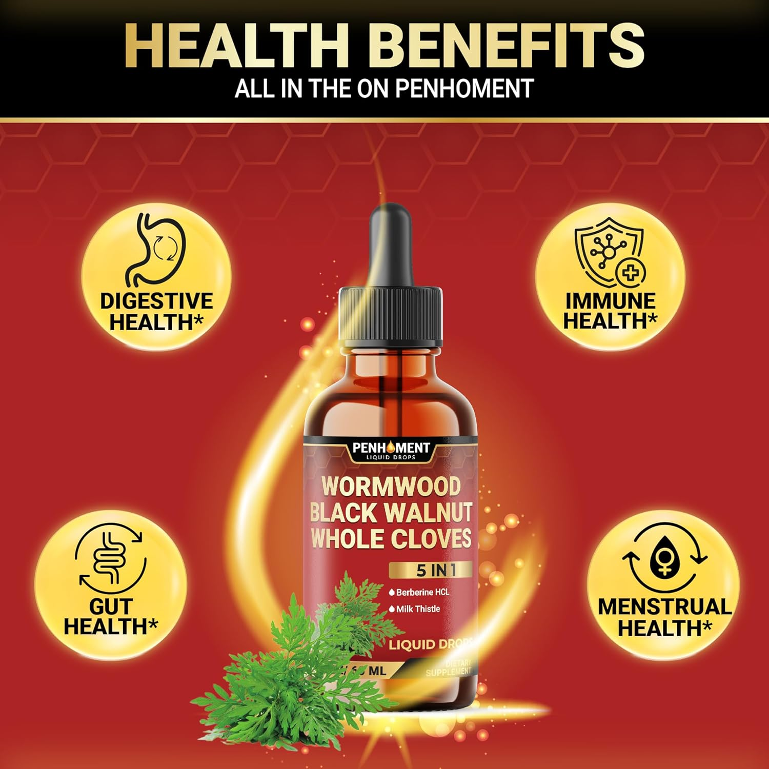 Penhoment 5In1 Wormwood Liquid Drops - Black Walnut Cloves Extract, Berberine, Milk Thistle - 2 Fl Oz - 60 Days Supply image number 3