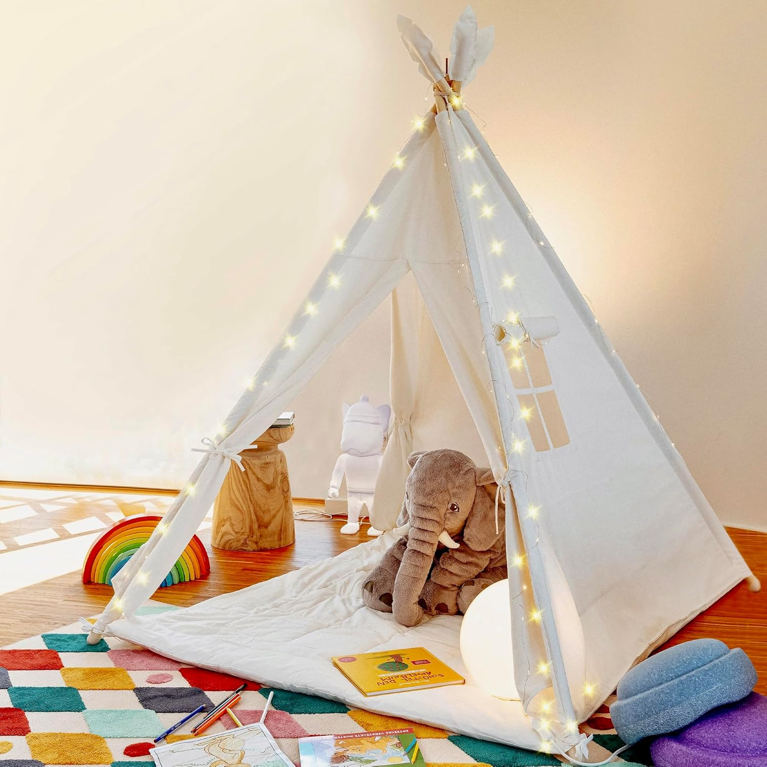 ALRITHO&reg; Floor Mat with Ribbons 120 X 120 Cm Padded Mat for Teepee Tents for Children, Play Tents, Playhouses, Cosy Play Blanket for Children, Made of Cotton [White] image number 3