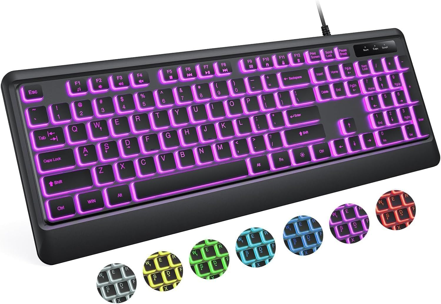 BERGUF Quiet Keyboard - 7 Interchangeable Backlight Colors, Light up USB Wired Computer Keyboards, USB Plug-And-Play, Foldable Stands, Corded Full Size Keyboard for Windows, PC, Laptop (Medium)