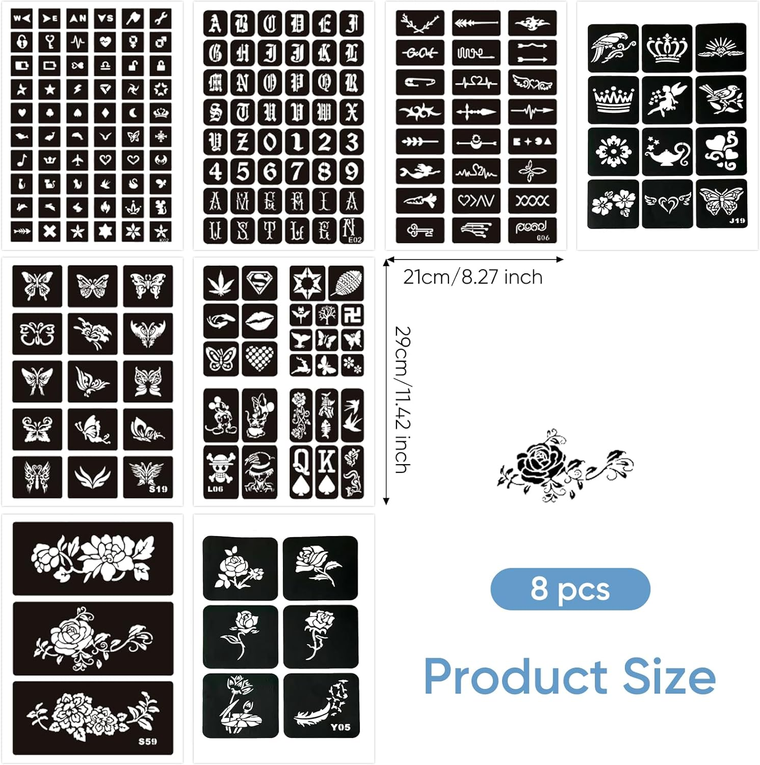 8 Pieces Glitter Tattoo Stencils, Tattoo Stencils Set, Children for Glitter Tattoos, Temporary Temporary Stencil Face, Henna Children'S Make-Up, Reusable Glitter Boys Glue, Sticker Adult Kit image number 5