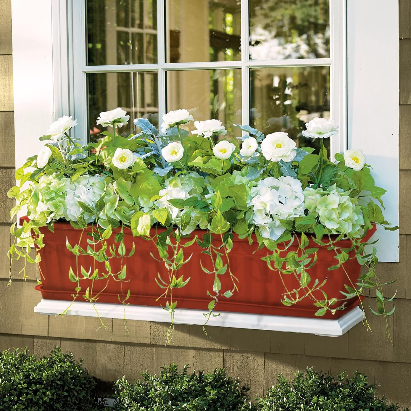 6 Packs Window Box Planter, 17 Inches Flower Window Box Rectangular Plastic Vegetable Planters with Trays for Windowsill, Patio, Garden, Balcony, Brick Red image number 1