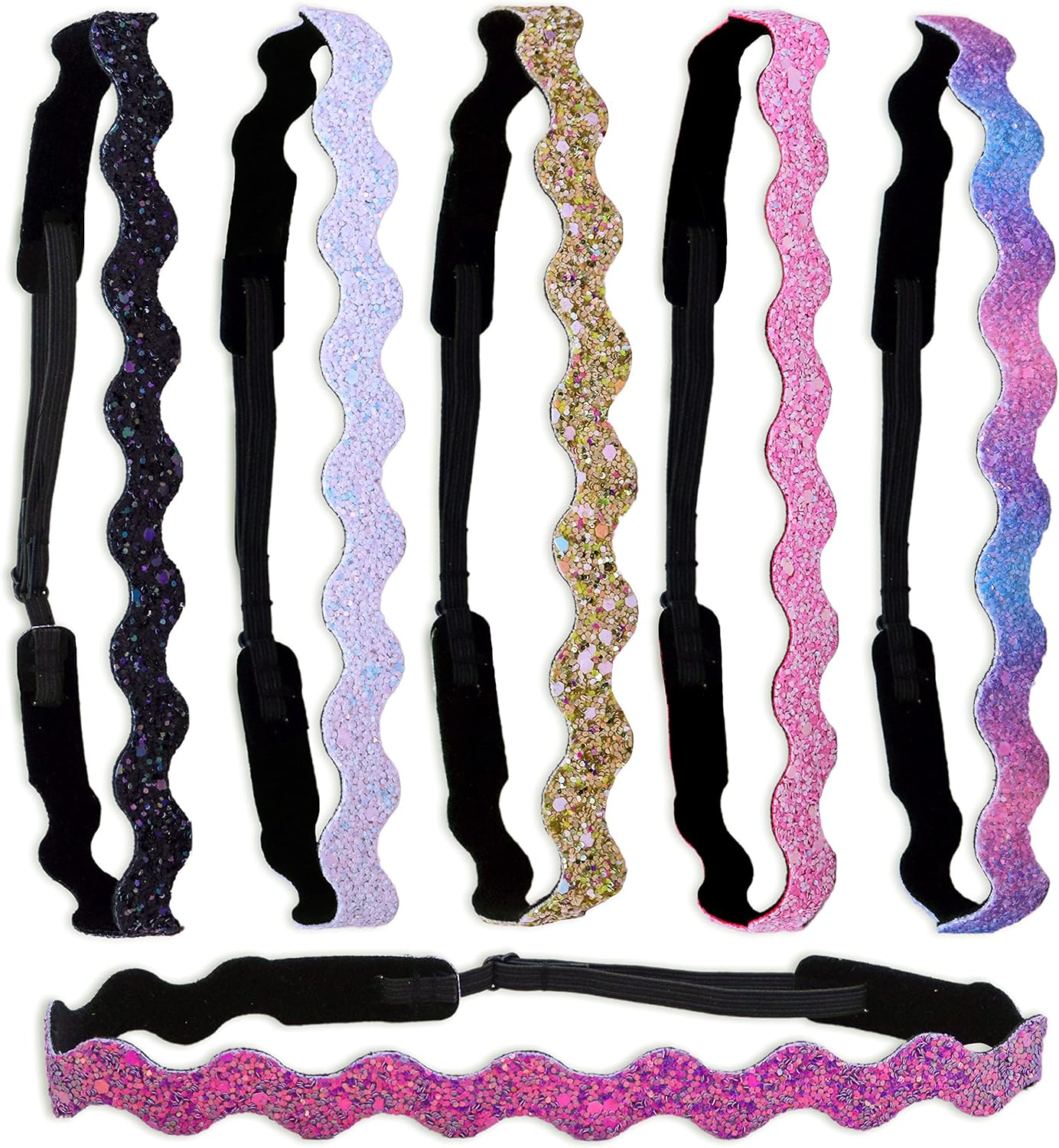 FROG SAC 6 Glitter Elastic Headbands for Girls, Adjustable Non Slip Thin Stretch Hair Bands, Wavy Sport Headband, Teen Girl Athletic Sport Head Band Accessories, Nonslip Zig Zag Toddler Hairbands image number 3