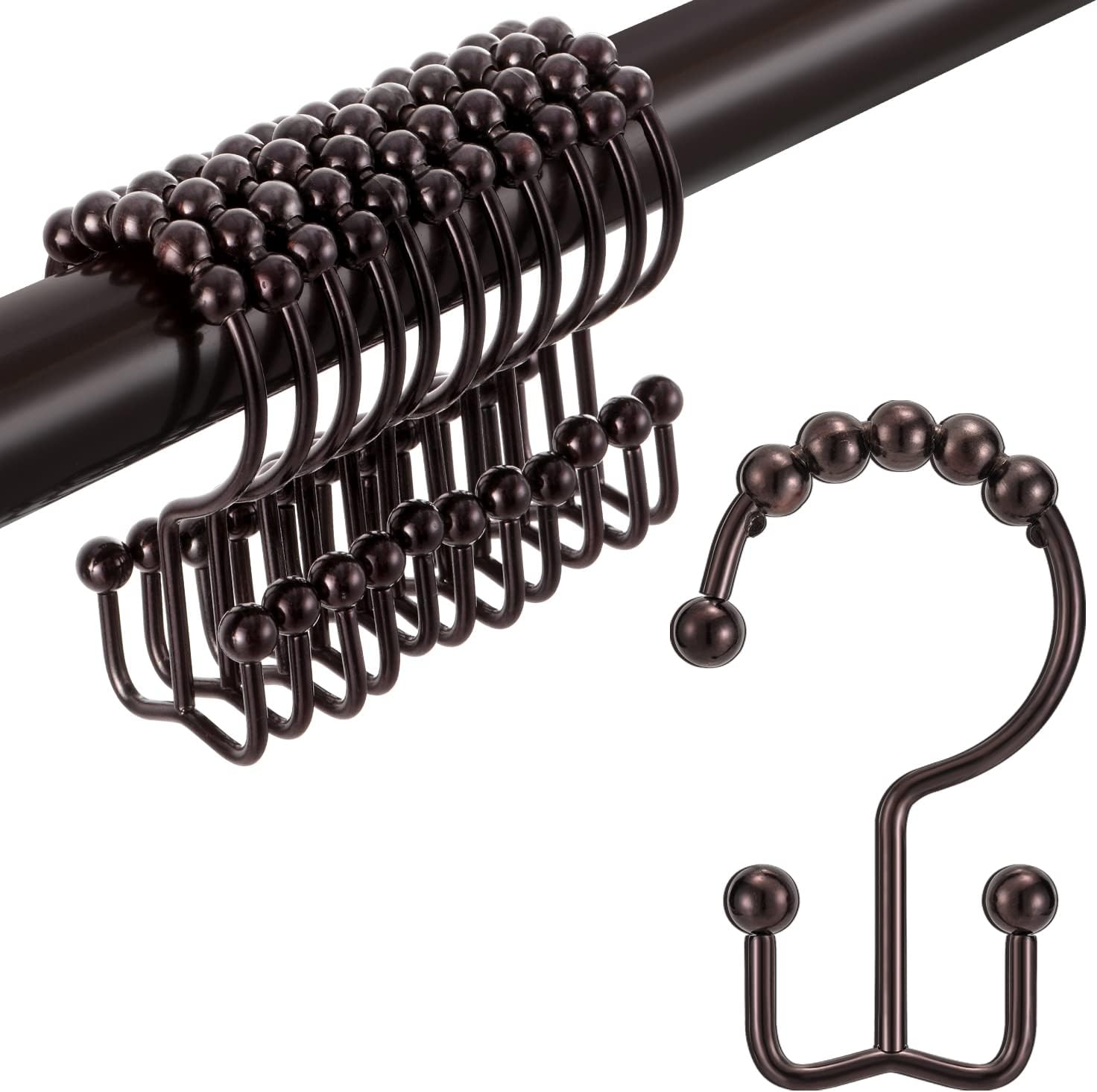 TENOVEL Never Rust 304 Stainless Steel Shower Rings, Heavy Duty Roller Double Glide Shower Curtain Hooks for Bathroom Shower Liners, Brushed Nickel, Set of 12 Hooks