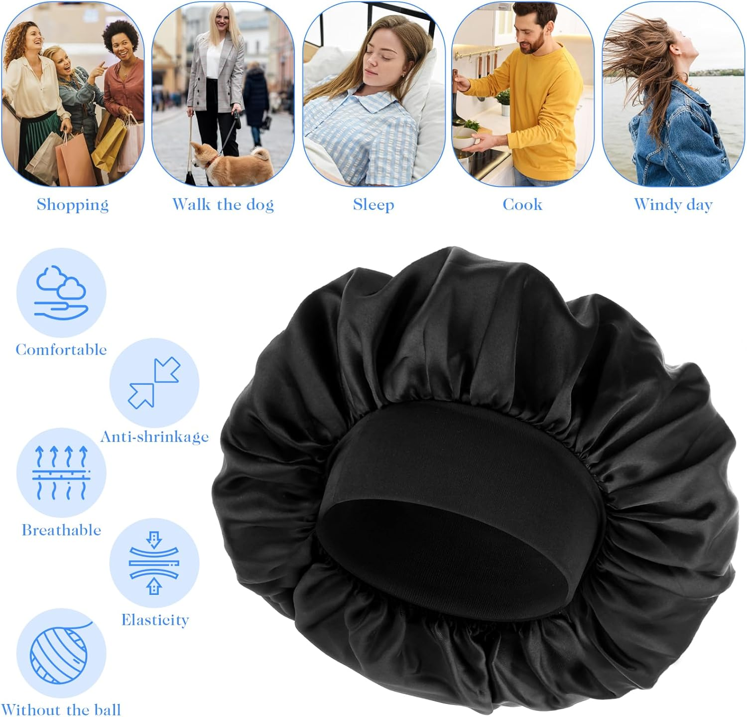 Bonnet for Men, Silk Satin Sleep Cap Single Layer Elastic Band Stretchy Tie Band Wide Soft Adjustable Hair Cap Large Silk Bonnets for Women Curly Hair Sleeping Black, Black, 3