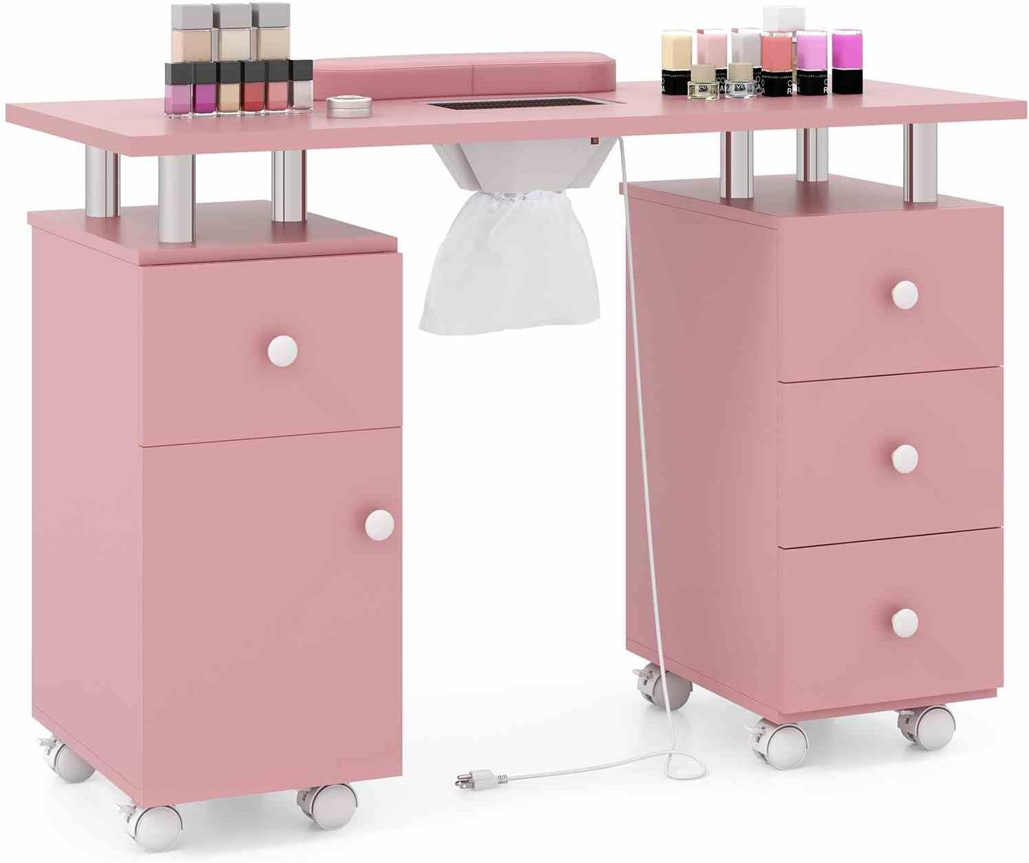 Costway Manicure Table Nail Desk W/Electric Dust Collector, 3 Dust Bags, Wrist Rest, Drawers, Movable Nail Tech Desk on 8 Lockable Wheels, Wooden Nail Art Workstation for Spa Beauty Makeup (Pink) image number 6