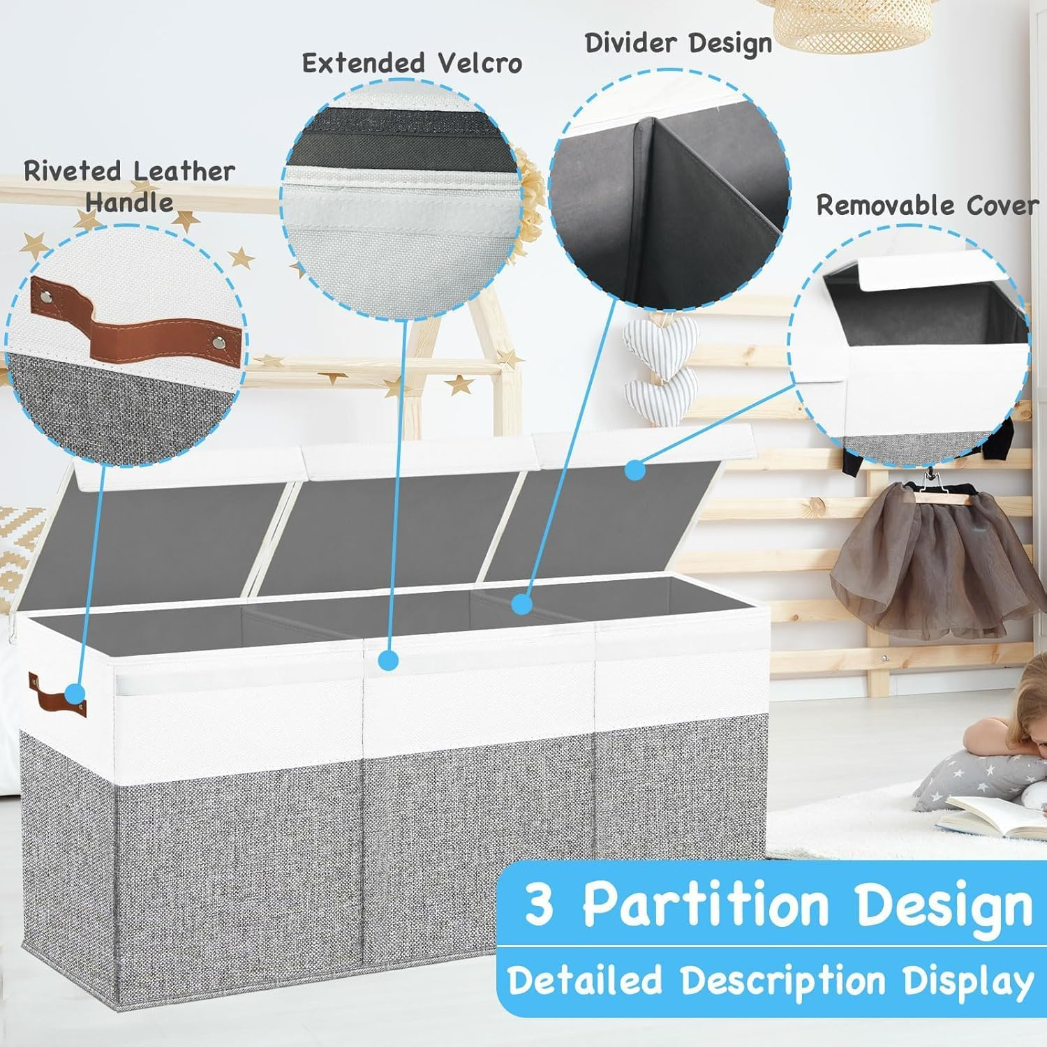 Extra Large Toy Box Storage - Collapsible Kids Toys Boxes Organizer Bins Baskets with Handles for Boys, Girls,Nursery,Playroom,Clothes,Blanket,Bedroom image number 6