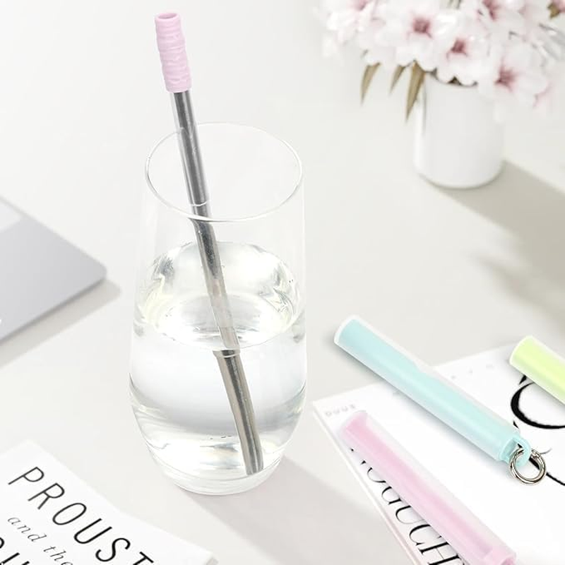 3PCS Reusable Straws Collapsible Stainless Steel Straws with Cleaning Brush & Silicone Tips, Portable Travel Telescopic Drinking Straws with Storage Case.