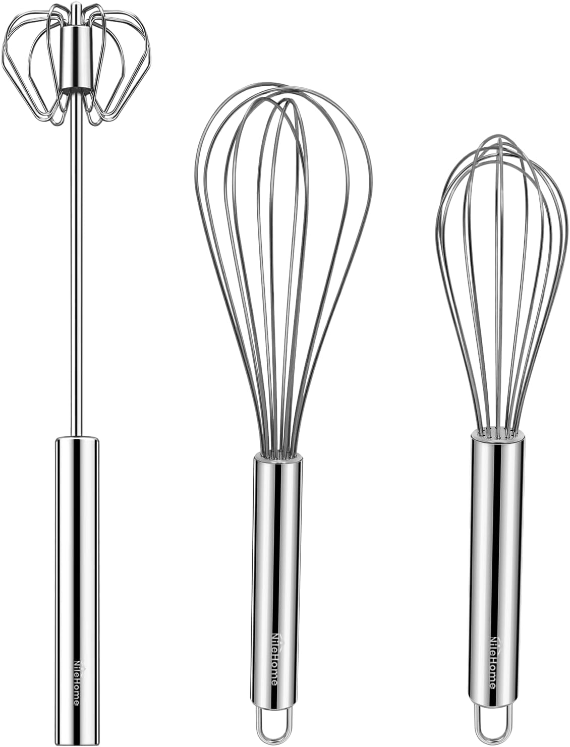 Nilehome Stainless Steel Whisk Set 8" 10" Hand Blender + 12" Semi-Automatic Rotary Kitchen Whisk Kitchen Wisk Wire Whisks for Cooking, Whisking, Blending, Beating, Stirring- 3 Pack... image number 4
